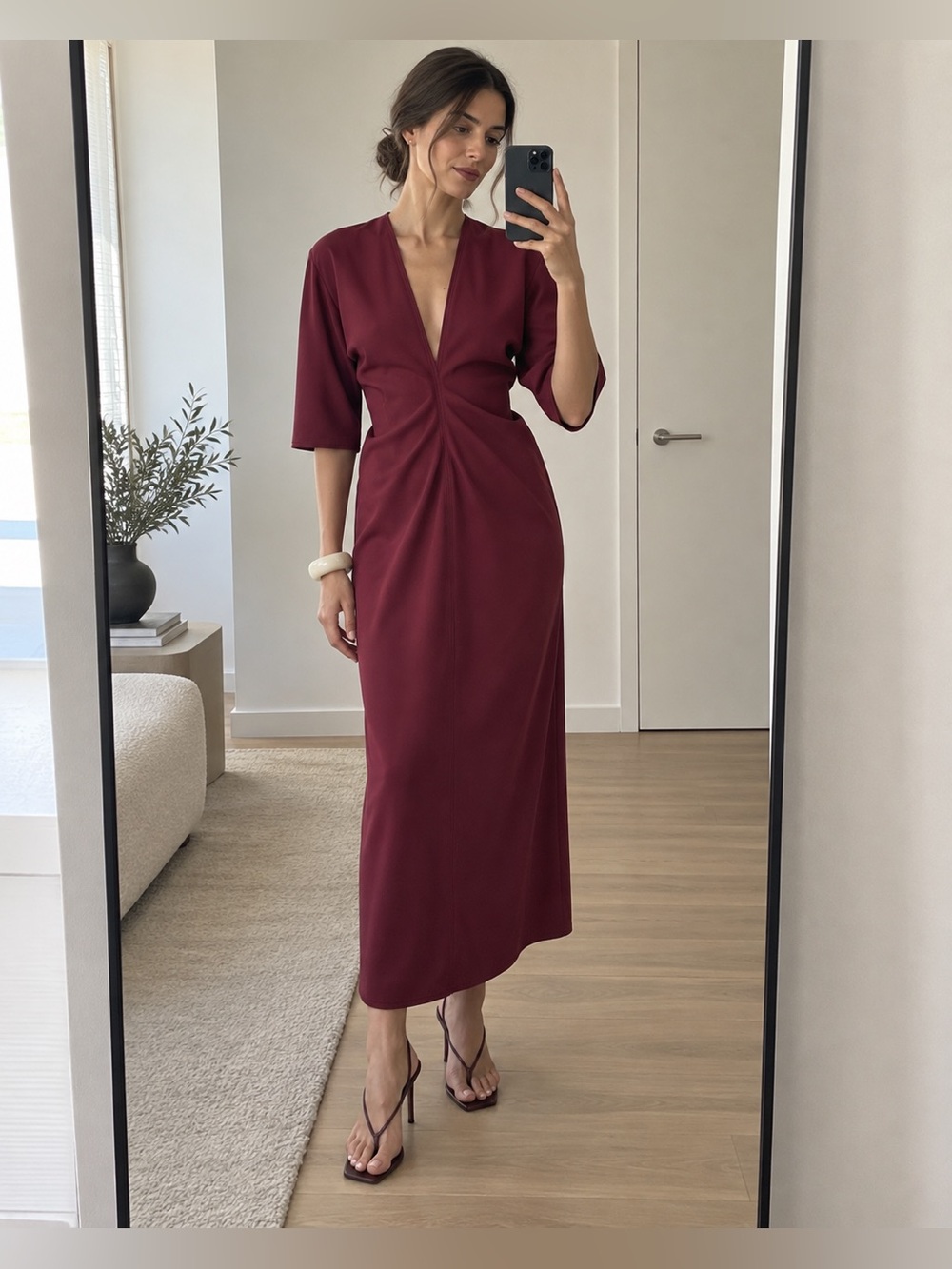 Zara Burgundy Ruched Deep V-Neck Midi Dress Elbow Sleeve Size XS